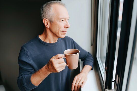 A man is holding a cup of coffee and looking out the window. Concept of relaxation and contemplation, as the man enjoys his coffee while taking in the view outside