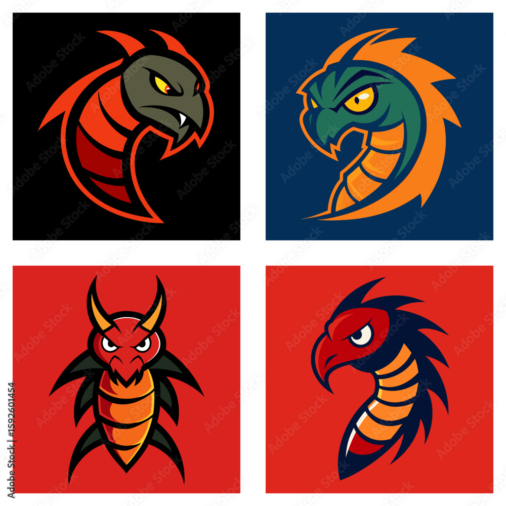 Poster collection of four stylized insect or creature logos on different colored backgrounds displayed in a