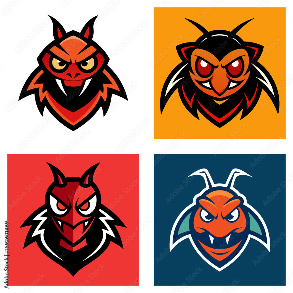 Poster collection of four square logos featuring stylized insect or devil like characters with horns and fa