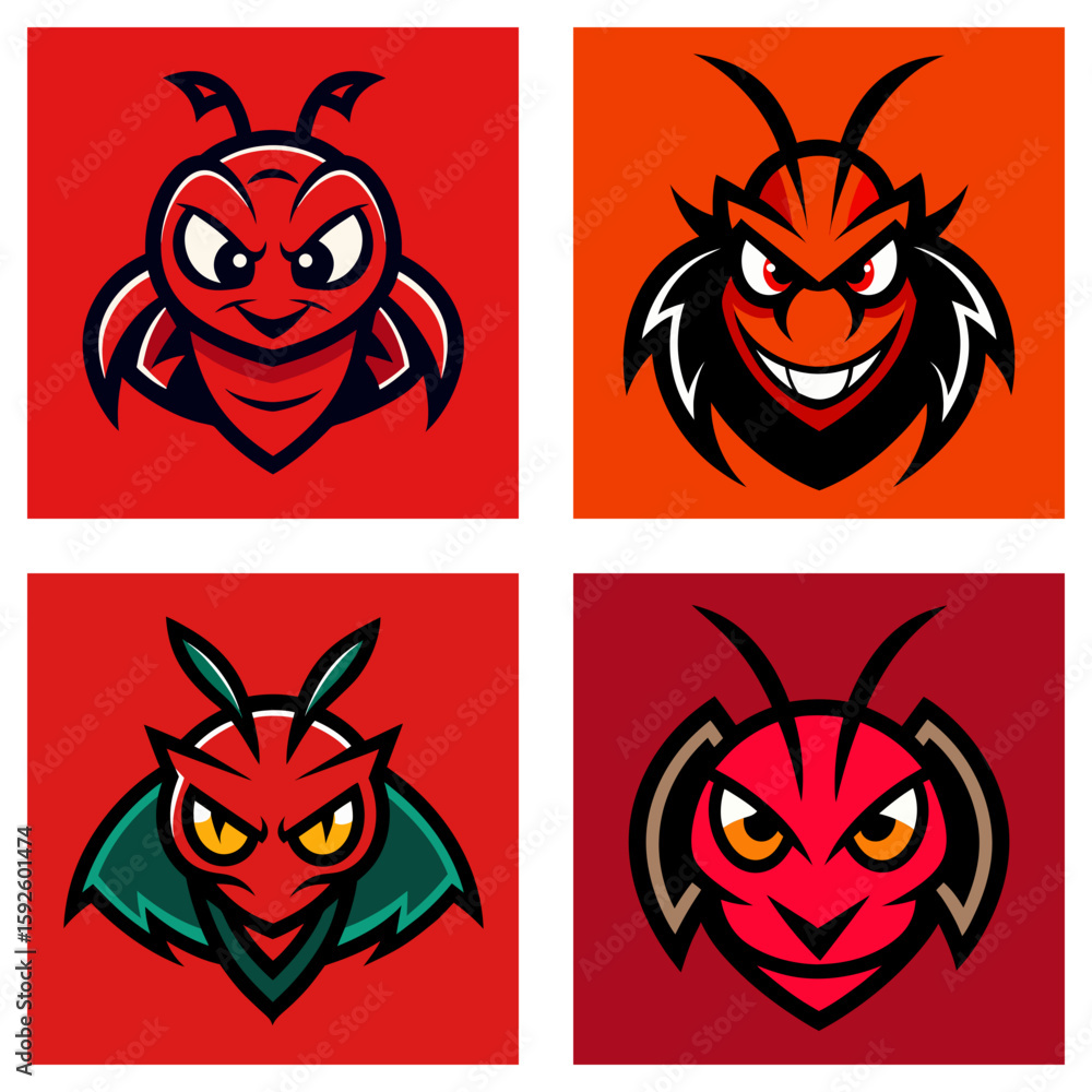 Poster Collection of four square images featuring stylized ant mascots with aggressive expressions on red backgrounds