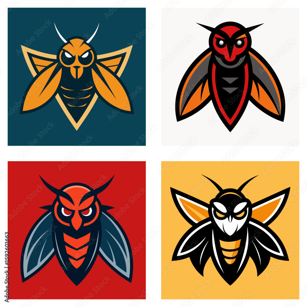 Poster a collection of four stylized wasp illustrations with varying color schemes and backgrounds designs
