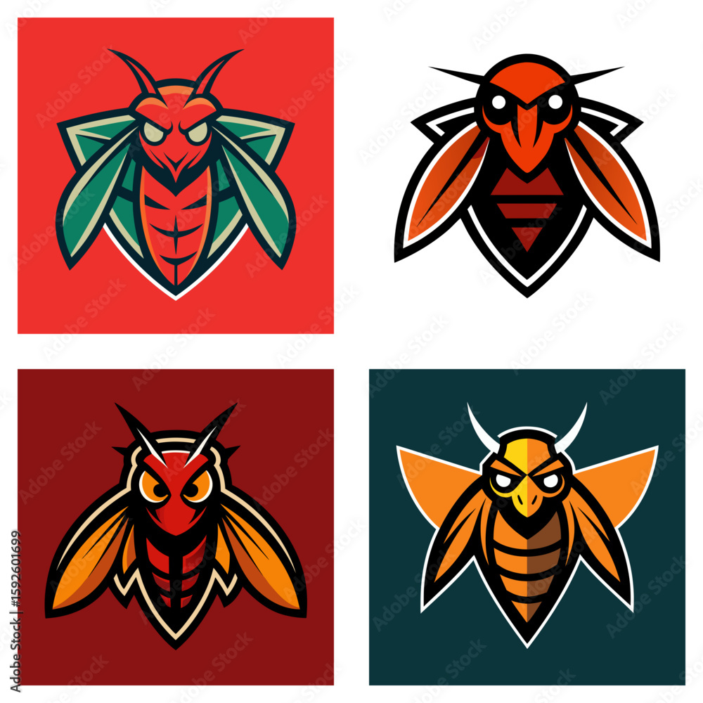 Aufkleber collection of four stylized hornet or wasp logos with different color schemes and background shapes
