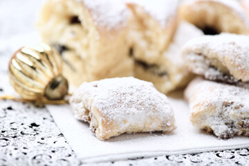 Stollen Bites on bright background. Soft focus. Close up. Copy space.	