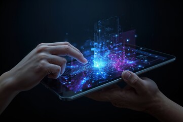 Futuristic Technology Interface on Digital Tablet Controlled by Pale Hands Showcasing Advanced Technological Interaction