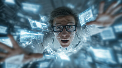 Scientist in zero gravity with translucent data displays