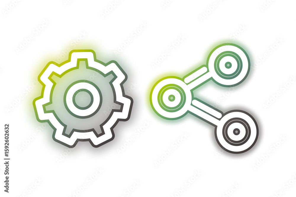 Aufkleber a glowing neon illustration features a gear mechanism icon and a connected nodes network, highlighti