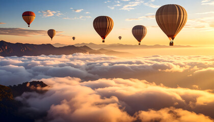 Obraz premium Hot Air Balloons Soaring Above a Sea of Clouds at Sunrise
