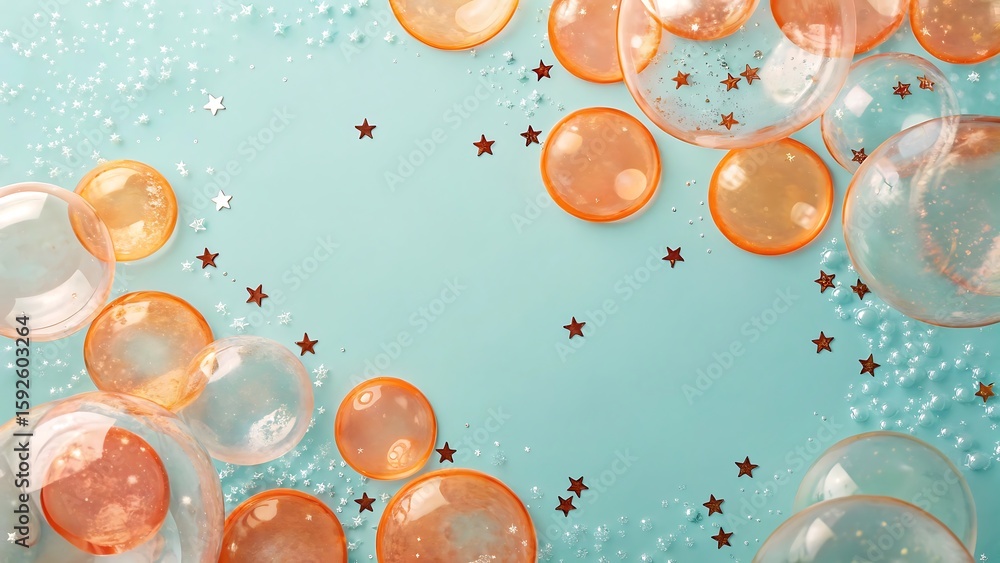 Aufkleber bubbles and star confetti float playfully across a soft teal background, creating a festive and ligh