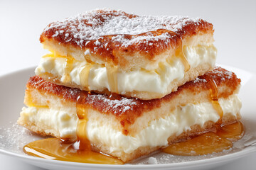 Golden-brown fried cheesecake, drizzled with hony sauce, dusted with powdered sugar.
