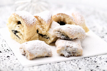 Stollen Bites on bright background. Soft focus. Close up. Copy space.	