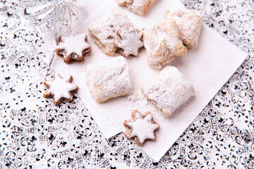 Stollen Bites on bright background. Soft focus. Close up. Copy space.	
