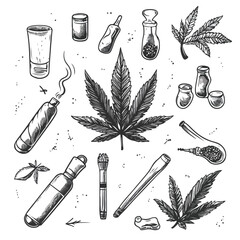 Detailed Marijuana Leaf Sketch on White Background