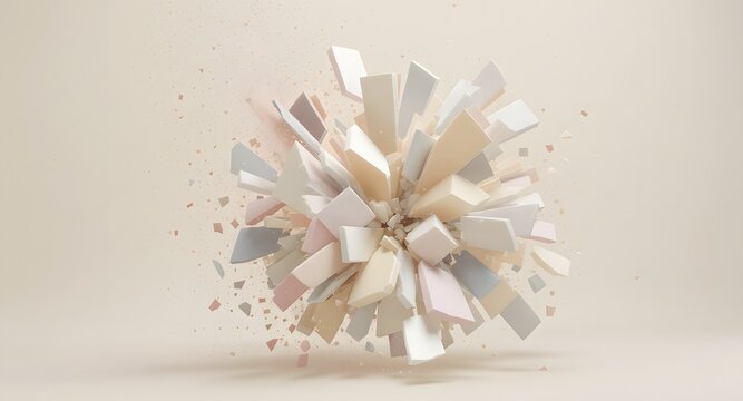 Abstract explosion of pastel geometric shapes with a soft background and scattered fragments creating a dynamic visual effect. - Powered by Adobe
