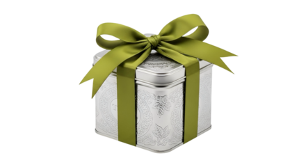 Silver Gift Box with Green Ribbon Sits on Transparent Background, Presents Holiday Gifts