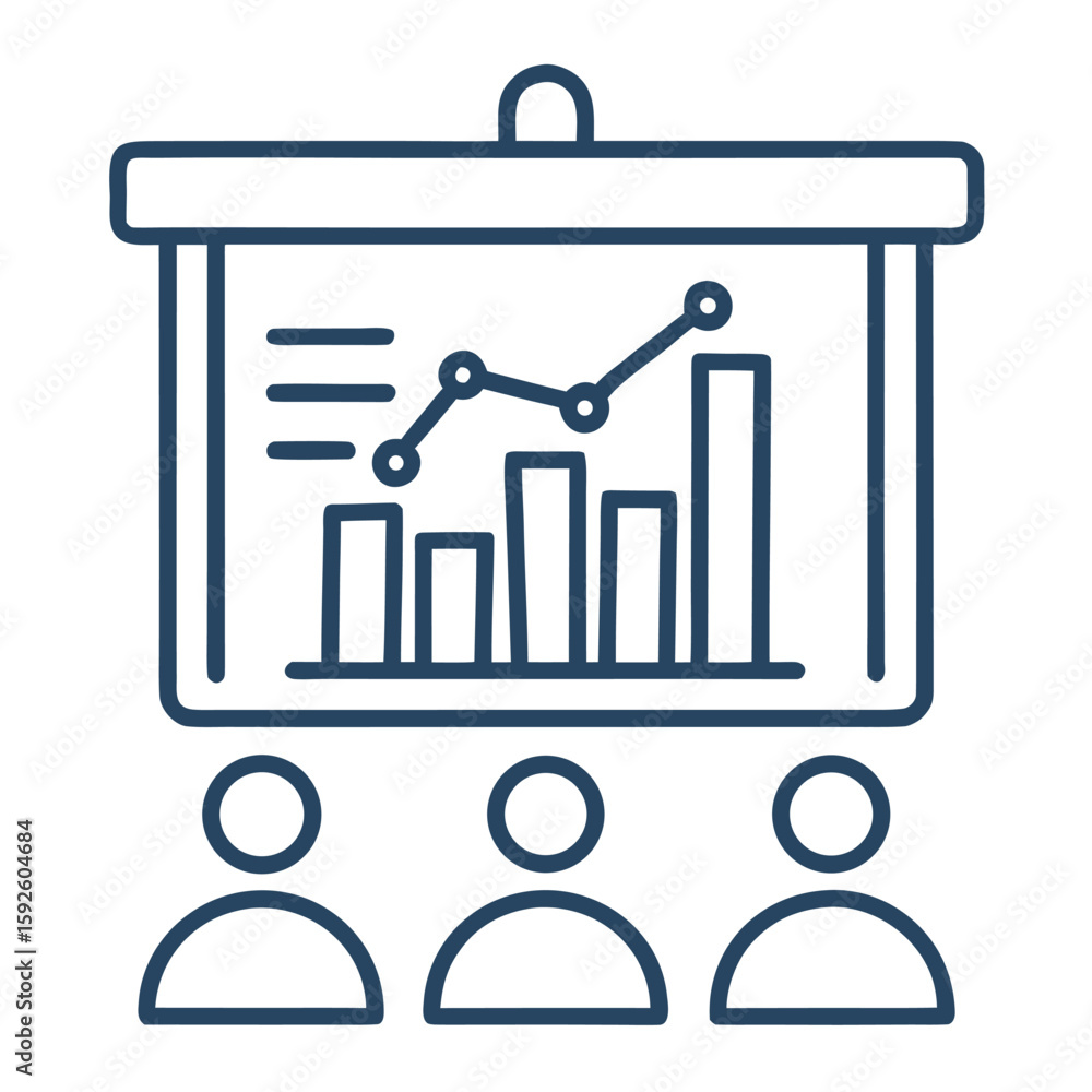 Poster minimal outline icon representing a business presentation with charts and data