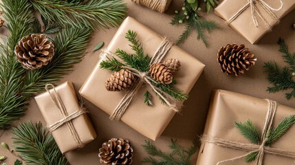 Incorporating pinecones and greenery into gift wrapping.