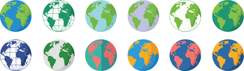 Obraz premium Diverse Earth globes in various colors and styles planet world vector bundle collection set pack template elements icons clipart illustration editable flat minimal modern banner poster png eps png, po