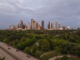 Downtown Houston, Texas, USA Drone Skyline Aerial Panorama At Sunset