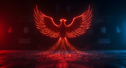 Futuristic Digital Phoenix Made of Particles on Dark Red Background &ndash; Digital Concept