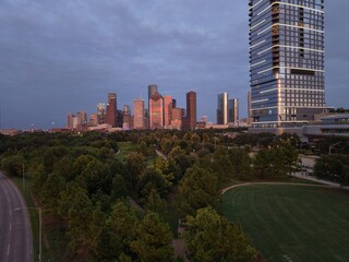 Obraz premium Downtown Houston, Texas, USA Drone Skyline Aerial Panorama At Sunset
