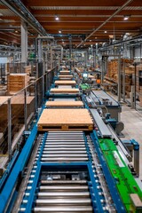 Obraz premium In a spacious manufacturing facility, a highly automated production line efficiently handles wooden pallets. The setting showcases organized machinery and a streamlined process