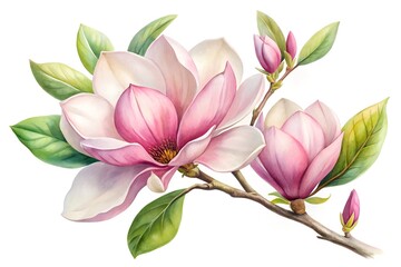Watercolor Painting of a Flowering Magnolia on white background
