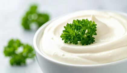 Fototapeta premium Delicious creamy white dip. Tasty sauce with fresh parsley. Cooking and culinary concept.