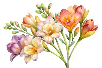 Fototapeta premium Watercolor Painting of a Flowering Freesia on white background
