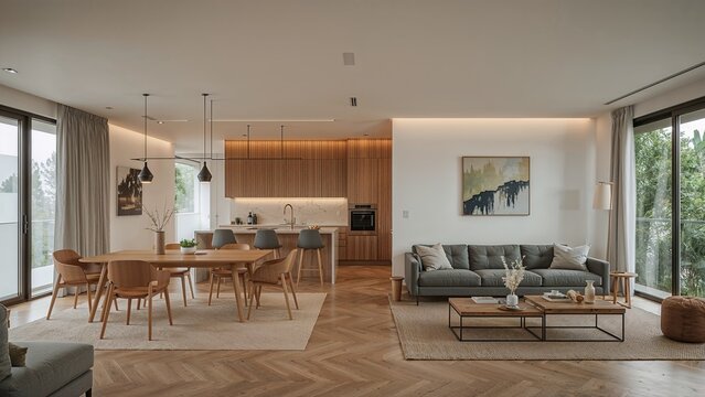 Open-plan modern living area with dining and kitchen space. - Powered by Adobe