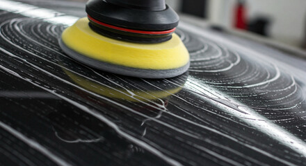 Polishing black car surface with yellow sponge, showcasing detailing process indoors