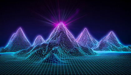 neon wireframe mountains in dark sky with minimalistic design
