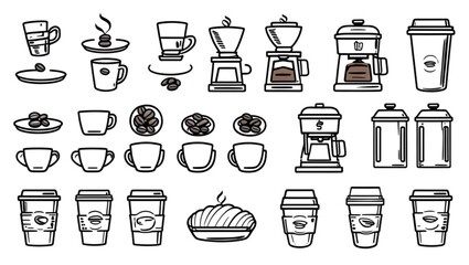 Hand-drawn coffee set presents a delightful range of cups, beans and makers, ideal for crafting cozy menus or café-related designs.