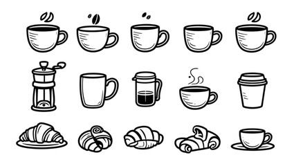 Hand-drawn coffee set presents a delightful range of cups, beans and makers, ideal for crafting cozy menus or café-related designs.