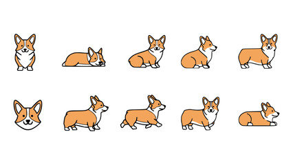 An assortment of cartoon Corgi dogs in various poses and expressions. The Corgis are illustrated with adorable features and unique color patterns