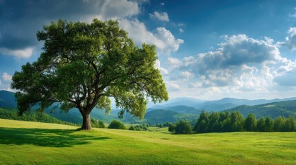 Obraz premium A solitary tree stands proudly in a vast landscape, with a vibrant green field under a beautiful blue sky