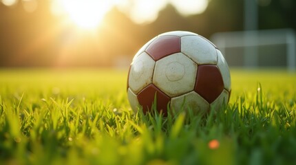 Close-up of a football rolling over fresh vibrant grass, sunlight highlights field texture, energetic outdoor mood.

