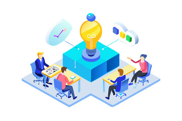 Brainstorming Isometric Icon Concept and Three Dimensional Design. Meeting, Light Bulb, Ideas, Creativity.