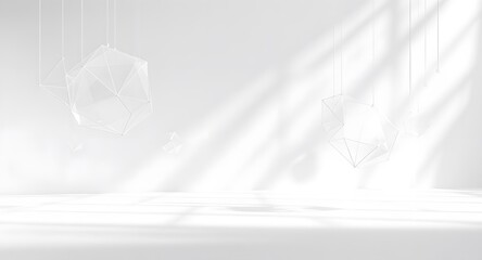 Abstract geometric structures suspended against a minimalist white backdrop with soft shadows and natural light creating a serene and modern ambiance.