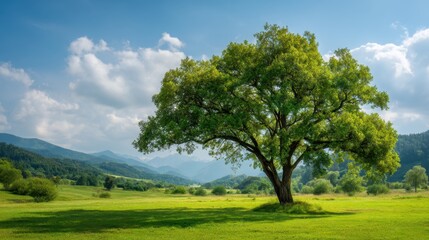 Fototapeta premium A solitary tree stands proudly in a vast landscape, with a vibrant green field under a beautiful blue sky