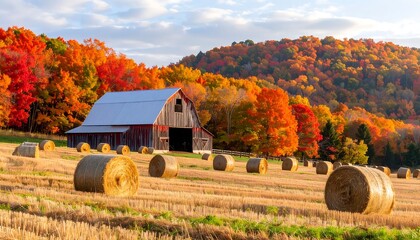 Autumnal farm scene with hay bales and a red barn.  Fall foliage fills the hillsides