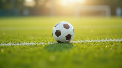 Fototapeta premium Football in motion on sunlit green grass, movement blur shows dynamic energy, clear minimal sports background.