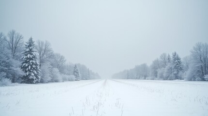 Obraz premium Thick snowflakes falling over a wide open field, ground covered in fresh snow, moody winter sky overhead.