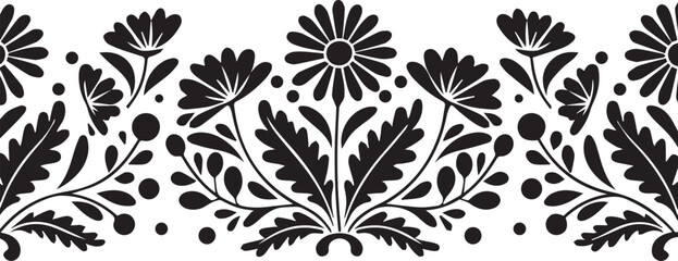 Scandinavian folk floral motif, horizontal divider with symmetrical daisies and leaves, Adobe Illustrator Artwork