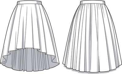 Fashion illustration of pleated and high-low skirts, CAD drawing flat vector illustration, apparel design template, garment sketch, sewing layout