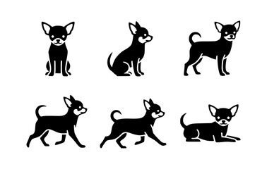 Silhouette of six distinctively positioned chihuahua dogs. The image is a collection of black silhouettes, capturing the dogs in varied postures