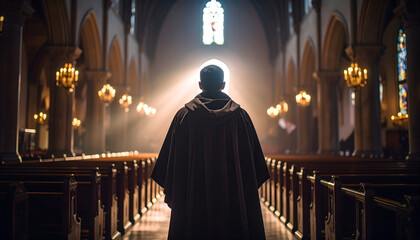 Naklejka premium Silhouette Of A Monk Praying In A Church