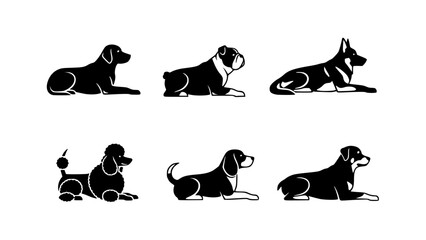 Black dog silhouettes of different breeds in various poses. The dogs are depicted in a simple, graphic style