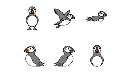 A series of puffin birds in different poses against a clean backdrop