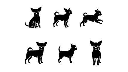 Chihuahua silhouette design in different poses. A collection of black chihuahua outlines, showcasing various activities.