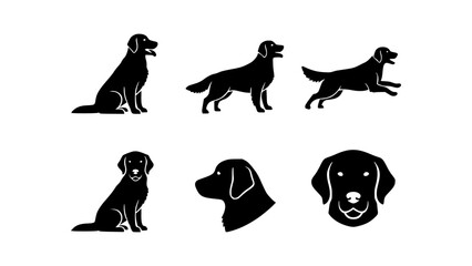 Silhouette of z retriever dog in various poses and expressions. This set of illustrations shows a canine in various postures, including sitting, standing, and running. Ideal for animal lovers.